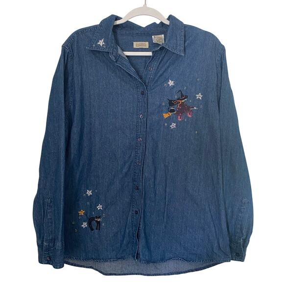 Halloween embroidered Shirt Denim Blue Womens Size 10 Witch Black Cat - Picture 1 of 7